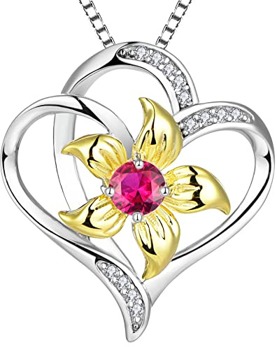 YL Herz Halskette 925 Sterling Silber geschliffen Juli Geburtsstein Rubin Lilie Blume Liebe Anhänger für Frauen,Kette 45+3CM