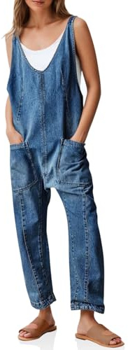 PLNOTME Women's Denim Overall Jumpsuits Sleeveless V Neck Adjustable Straps Jeans Long Pants Rompers, Navy, XX-Large