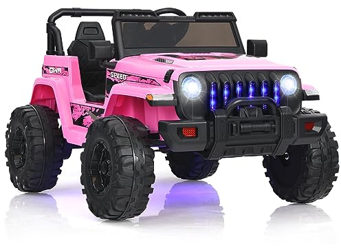 GOPLUS 12V Kinder Elektroauto, Kindefahrzeug mit 2,4 GHz Fernbedienung, Softstart, Scheinwerfer & Rücklicht, Kinderauto mit Startsound, Hupe, Musik & blauen Lichteffekten, für 3-8 Jahre (Rosa)