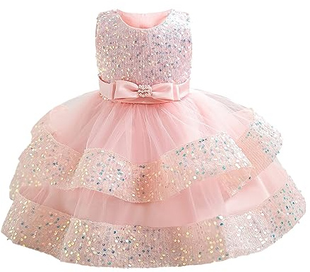 Miipat Baby Mädchen Kleid Prinzessin Tüll Pailletten Partykleid Ärmellos Tutu Blumenmädchenkleider für Geburtstag Hochzeit Rosa 120 4-5 Jahre