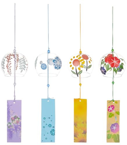 BENECREAT 4 Pcs Carillons Éoliens Ronds en Verre Japonais, Bleu Ciel, Lilas, Coloré, Carillons Éoliens à Motif Floral Jaune avec Breloque en Papier de Prière, pour Le Décoration de Jardin, Patio