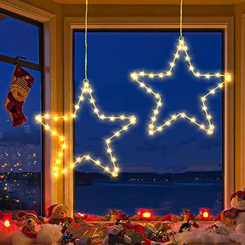 PhilzOps Fenster Weihnachtsbeleuchtung, 2 Stück 40 LED Sterne Weihnachtsbeleuchtung Innen Batterie Fensterlichter Weihnachtsstern Lichterkette für Zimmer Garten Balkon Hochzeit Party Deko, Warmweiß