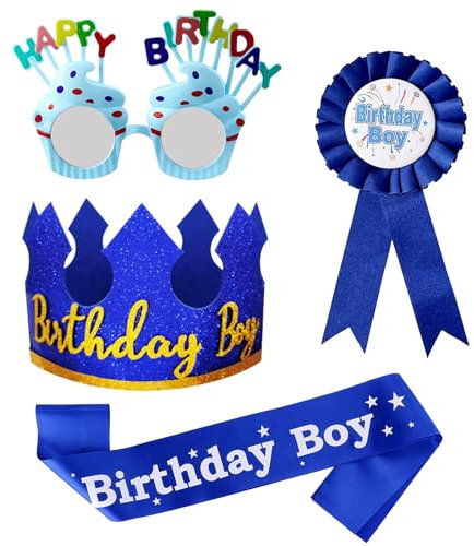 YumSur Happy Birthday Crown Hat with Birthday Glasses, Badge and Sash Birthday Party Supplies for Boys Birthday Party