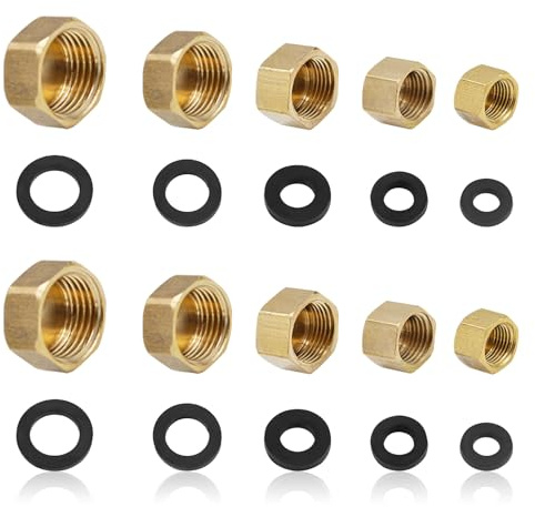 10Pcs Brass Blanking Cap,1/8 1/4 3/8 3/4 1/2 Brass Garden Hose Female End Caps with Sealing Washers,3/4 Hex Bra-ss Blanking Nut Cap for Washing Machine Radiator Valve Faucets Tap