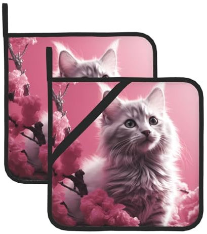 WHJYYXDE Set di 2 presine da cucina 20,3 x 20,3 cm, isolamento termico durevole, tessuto impermeabile, toni rosa, stampa gatto