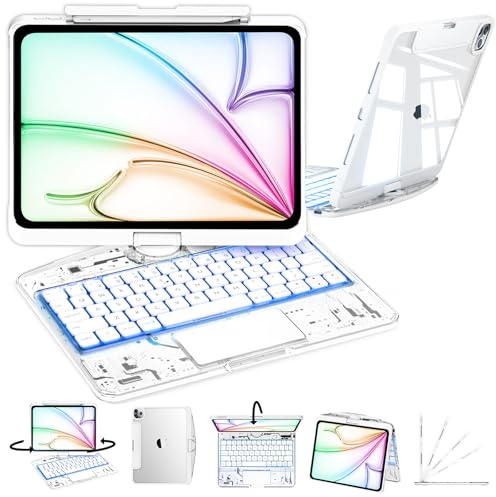Funda con teclado para iPad Air de 10.9 pulgadas, iPad Air (M4/M3/M2, 2026/2025/2024) 11 pulgadas y iPad Pro 4/3/2/1 de 11 pulgadas, funda transparente con retroiluminación RGB, trackpad giratorio de