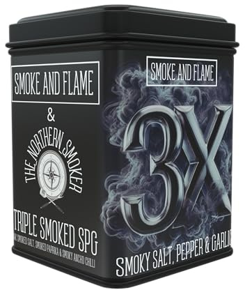 Smoke & Flame Triple X SPG Seasoning BBQ Rub, Handcrafted Savoury Salty BBQ Spice Mix with Smoked Sea Salt, Paprika and Ancho Chili for Brisket, Ribs, Chicken, Smoke-Infused, 200g Tin