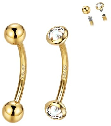 ALACLO 2 Pcs 14k Gold Filled Eyebrow Rings, 16G Threaded Rook Piercing Jewelry, 316L Surgical Steel Vertical Lip Labret Belly Tongue Ring Daith Earring Curved Barbells Inlaid CZ Top 6mm