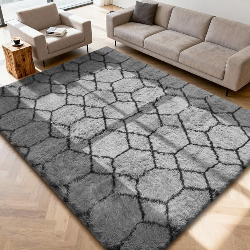 ZRSDIXKI Hochflor Teppich Wohnzimmer 120x180 cm, Grau Schwarz Geometrisch | Flauschiger Langflor Shaggy Teppich Anti-Rutsch, Weicher Moderner Teppich für Schlafzimmer Kinderzimmer