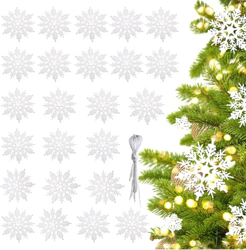 FOSDICK 24 Piezas Copos De Nieve Decoracion, Blanco Brillante Copos De Nieve Adorno Colgante, Adorno Colgante De Copo De Nieves, Decoracion Arbol Navidad Fiesta Invierno Colgantes Decoraciones