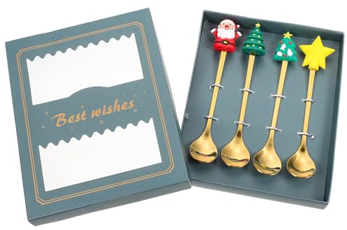 Gadpiparty Set 4 Cucchiai Natalizi in Acciaio per Dessert e Caffè Cucchiai per Mescolare Design a Tema Natale Stoviglie per la Casa per Yogurt e Gelato
