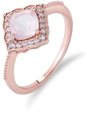 Ayoiow Halo Goldring Damen 585 Echtgold mit Rosa Quarz und Diamant, Vorsteckring Gold Damen, 14 Karat Roségold Größe 60 (19.1)