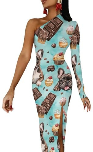 Vestidos de bulldog francés con hombros descubiertos para mujer, vestido largo de media manga con abertura, vestido de cóctel, Estilo:, XS