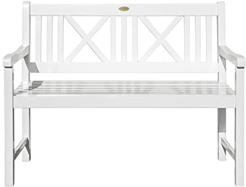 Garden Pleasure Landhausbank Lübeck, 2-Sitzer Gartenbank, weiß Washed, Länge 120 cm, Parkbank aus Eukalyptus, Holzbank für Balkon, Terrasse, Garten