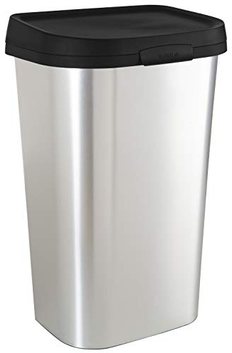 Curver Mistral - Poubelle rectangulaire 50L - Ouverture Manuelle - Aspect Métal -pour Cuisine, Bureau, Salle de Bain - Matériau Anti-Traces - 39,9 x 31,7 x 62,4 cm - Gris/Noir