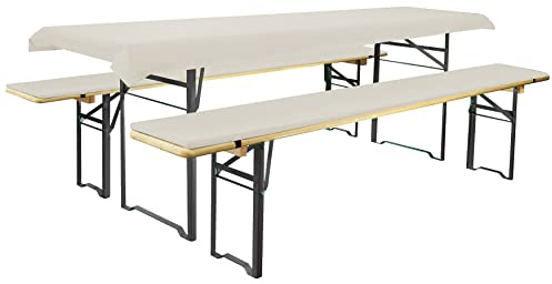 Brandsseller Set Birreria 3 Pezzi – 2 Cuscini Imbottiti per Panche 220x25 cm e 1 Tovaglia 240x70 cm – Ideale per Sagre, Giardino, Feste all’Aperto – Ecrù