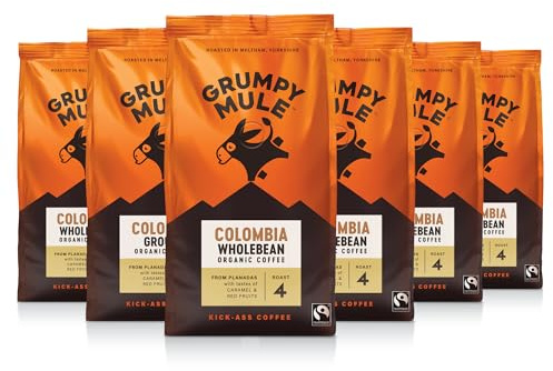 Grumpy Mule Colombia Planadas Organic (Whole Coffee Beans) with notes of Caramel and Red Fruits 200g (Pack of 6 - Total 1.2kg)
