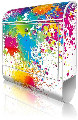 banjado Design Briefkasten 38,5x46,5x13cm & 2 Schlüssel - Briefkasten Stahl Weiß mit Zeitungsfach pulverbeschichtet - Postkasten A4 Einwurf inkl. Montagematerial - Motiv Farbspritzer