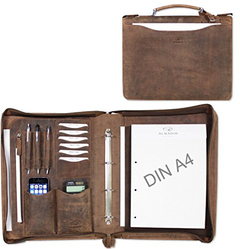 ALMADIH Leder A4 Aktenmappe mit Reißverschluss, Tragegriff und Ringmechanik Premium Rindsleder BV Ledermappe Mappe Konferenzmappe Dokumentenmappe Schreibmappe Organizer Tagungsmappe (Braun Vintage)