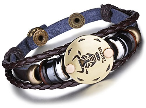 Unendlich U Punk Modisch 12 Sternbilder Sternzeichen Herren Damen Charm Armband Geflochten Leder Legierung Multilayer Braun Armreifen, Stier(Taurus)