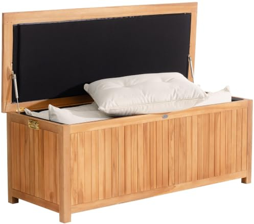 CLP Auflagenbox aus Teakholz mit Gasdruckfeder-Deckel Odessa, robuste Gartenbox für Kissen und Auflagen, Gartentruhe bis 250 kg belastbar, Farbe:teak, Größe:160 cm