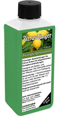GREEN24 Zitrusdünger 250ml – NPK Spezialdünger für alle Citrusarten wie Zitronen, Orangen & Kumquats | Fördert duftende Blüten & saftige Früchte | Verhindert gelbe Blätter (Eisenmangel) | Profi Linie