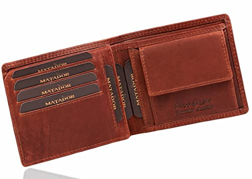 MATADOR Herren Geldbörse Portemonnaie Leder Viele Fächer Querformat | Männer Geldbeutel Herren Leder mit RFID Schutz | Echtleder Brieftasche Portmonee Viele Karten Fächer | Cardholder Vintage Braun