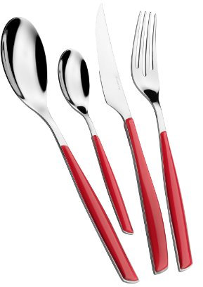 BUGATTI, Glamour, ensemble de 4 couverts en acier inoxydable 18/10 et poignée ROUGE. Ensemble de couverts pour 1 personne composé de 1 cuillère, 1 fourchette, 1 couteau et 1 cuillère à café