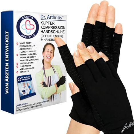 Guantes Artritis Desarrollados por Médicos - Guantes Sin Dedos Compresión con Cobre para Aliviar Dolor Articular, Síntomas Artritis, Enfermedad de Raynaud y Túnel Carpiano [Talla XL, 1 Par, Negro]