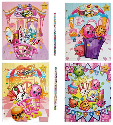 Shopkins Back to School Supplies Bundle of 6: Four 2-Pocket Glossy Portfolio Folders and 2 Pencils