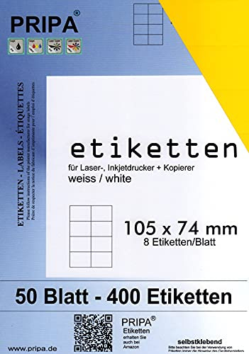 pripa - Etiketten 105 x 74-8 Stueck auf A4-50 Blatt - gelb - DIN A4 Selbstklebende Etiketten 3427