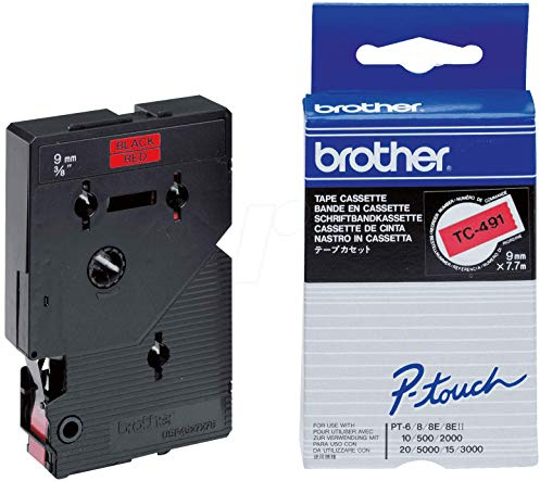 Brother TC491 Schriftbandkassette 9mm x 7,7 m laminiert rot/schwarz für P-touch 8e 500/2000/3000/5000