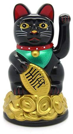 Starlet24 winkende Glückskatze Winkekatze Lucky Cat Maneki-Neko Katze Glücksbringer (Schwarz, 11cm)