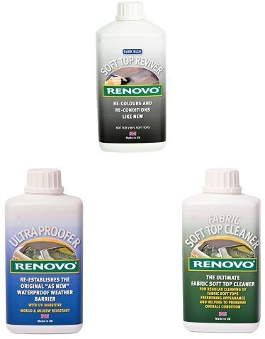 Renovo Bundle includes Soft Top Reviver 1000 ml, Soft Top Ultra Proofer 500 ml and Soft Top Canvas Cleaner 500, Blue