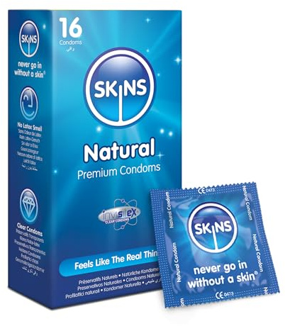 SKINS Natural Kondome - Natürliche Latexkondome ohne Geruch, extra gleitfähig für ein authentisches Gefühl - Schachtel mit 16 Stück