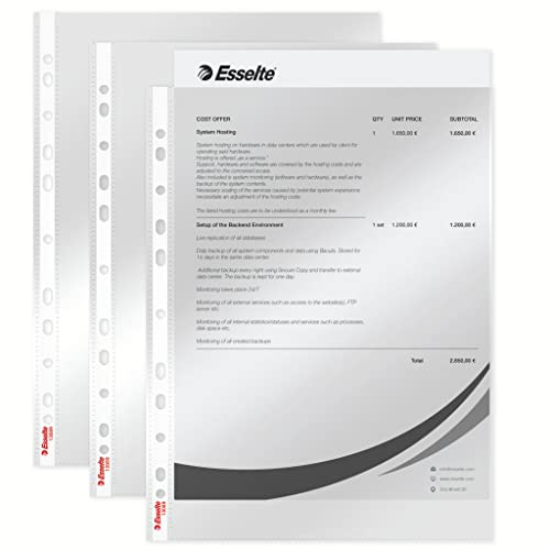 Esselte Funda de Plástico A4 Perforada, Transparente Brillante, Abertura Superior, Polipropileno de 43 Micras, Pack de 100, 13089