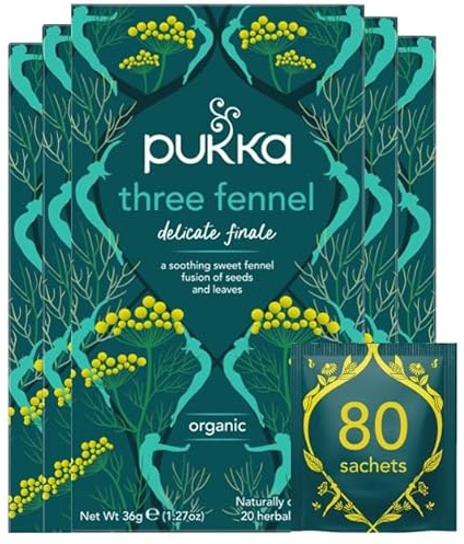Pukka Herbs | Three Fennel Organic Herbal Tea Box | Sweet & Wild Fennel Seeds & Leaf | Ideal For Digestion | Caffeine Free | 4 Packs | 80 Plant Based Biodegradable Tea Bags