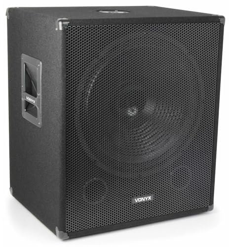 Vonyx Subwoofer attivo SMWBA18, subwoofer attivo, subwoofer da 18 pollici e 1000 watt, bi-amplificatore, amplificatore integrato, scatola acustica attiva per DJ con rivestimento in feltro nero