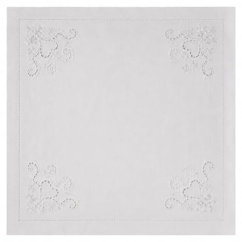Corredocasa Servizio da Tè in Misto Lino con Ricamo ad Intaglio – Centrotavola 90x90 cm – Elegante e Raffinato, Bianco, Delicato, Ottimo per Casa Tavolino