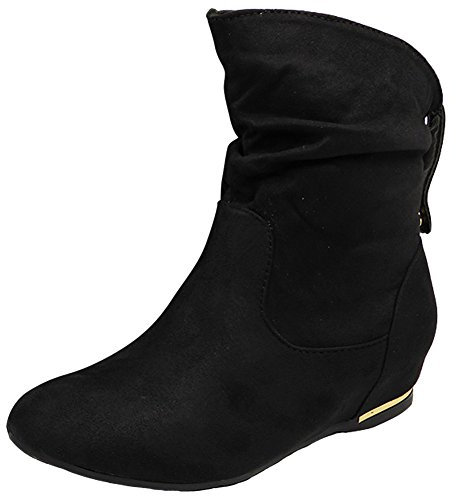 LoudLook Ladies Ankle Boots Faux Suede Hidden Wedge Shoes Pull On Comfy Casual Winter Pixie Rouched Heel Shoes Sizes Black 6