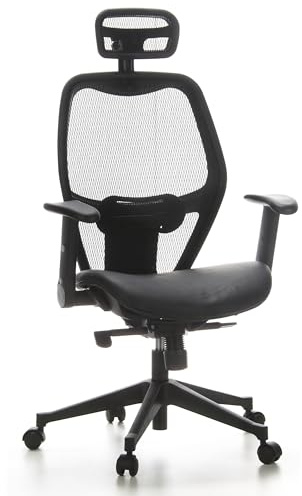 hjh OFFICE 653010 Professionell kontorsstol AIR-PORT leather svart Snurrstol med svankstöd, fällbara armstöd, ryggstöd i mesh