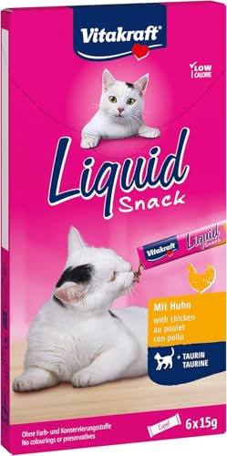 Vitakraft Liquid Snack, Katzen Leckerli, Katzensnack cremig, mit Huhn und Taurin, in einzelnen Sachets, unterstützt die Augen und das Herz (1 Paket mit 6x 15g)