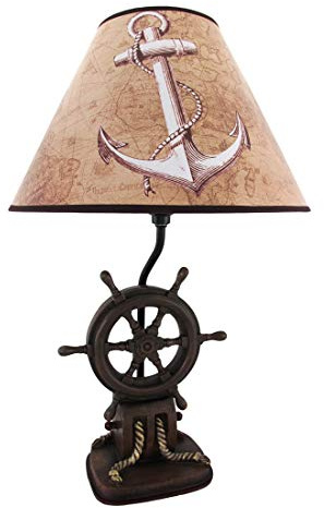 DWK Captain's Destiny: Nautical Ship's Wheel Resin Table Lamp with Anchor Print Fabric Shade for Coastal, Beach or Pirate Themed Bedroom Decor, 19 Inches High