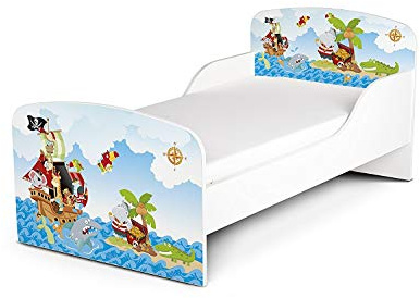 Leomark Funktionsbett aus Holz - Piraten I - Kinderbett mit Matratze, Holzbett mit Seitenschutz Lattenrost, Komplett Set für Kinderzimmer, Praktisches und Bequemes für Kinder, Liegefläche 70/140 cm