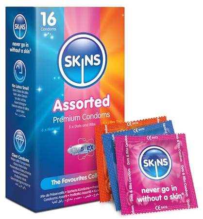 Skins Assorted Condoms Multipack, Ultra-Thin, Natural & Dots & Ribs. No Latex Smell and Extra Lubrication for Maxinum Pleasure. Natural Look That Feels Like Real Skin - Pack of 16