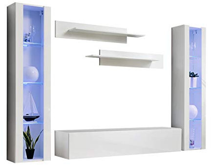 MB Muebles Bonitos, Ensemble de Meubles de Salon Nora 8 avec Meuble TV, Design Modulaire Moderne, Lumière LED, Couleur Blanc, Longueur 260 cm