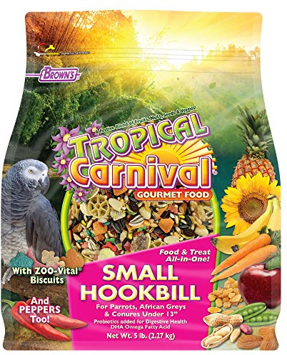 F.M. Brown's Tropical Carnival Gourmet Bird Food for Parrots, African Greys, and Conures Under 13, Probiotics for Digestive Health, Vitamin-Nutrient Fortified Daily Diet - 5 lb.