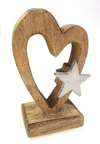 Deko Figur Herz Herzaufsteller 15 cm, Mango Holz mit Aluminium Metall Silber, Herzfigur mit Stern Winterstern Weihnachtsstern
