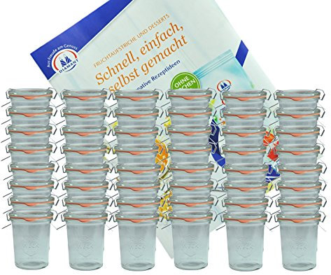 MamboCat 48er Set Weck Gläser 160 ml Sturzgläser mit 48 Glasdeckeln, 48 Einkochringen und 96 Klammer inkl. Diamant-Zucker Gelierzauber Rezeptheft I Original Weck Sturzgläser für Kuchen Gelees UVM