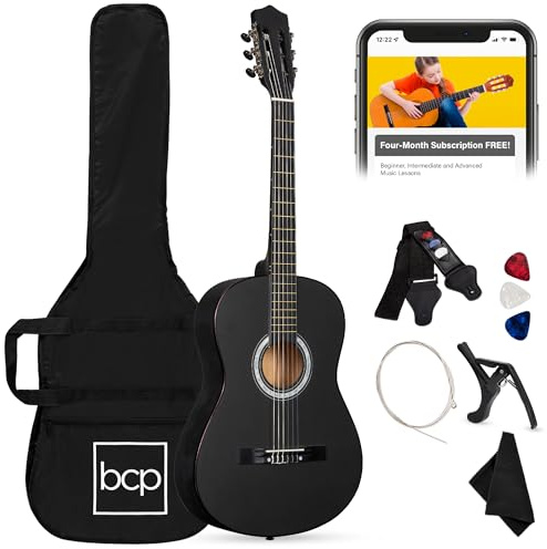Best Choice Products 38in Beginner All Wood Acoustic Guitar Starter Kit w/Gig Bag, 6 Picks, Nylon Strings, Strap w/Pick Holder - Matte Black